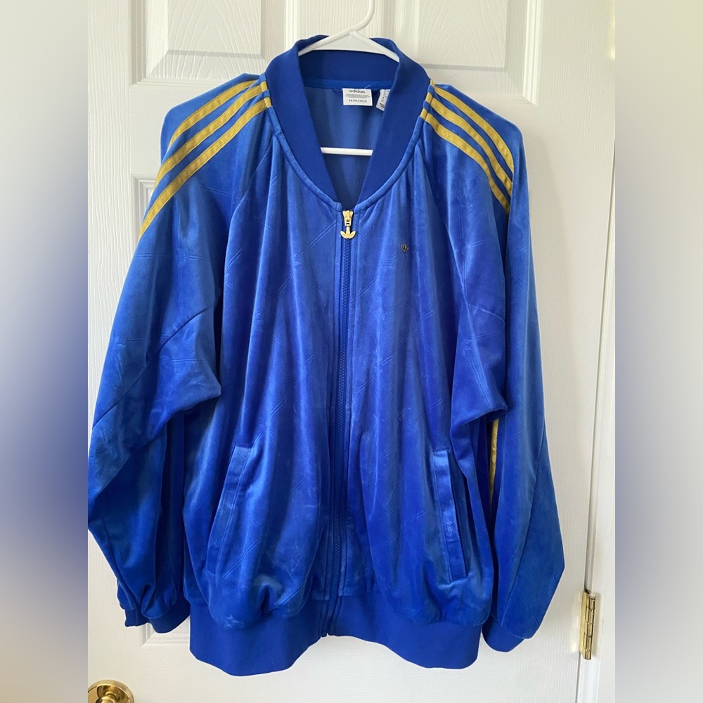 Adidas Blue Track Jacket embossed logo velour w gold stripes & zipper pull